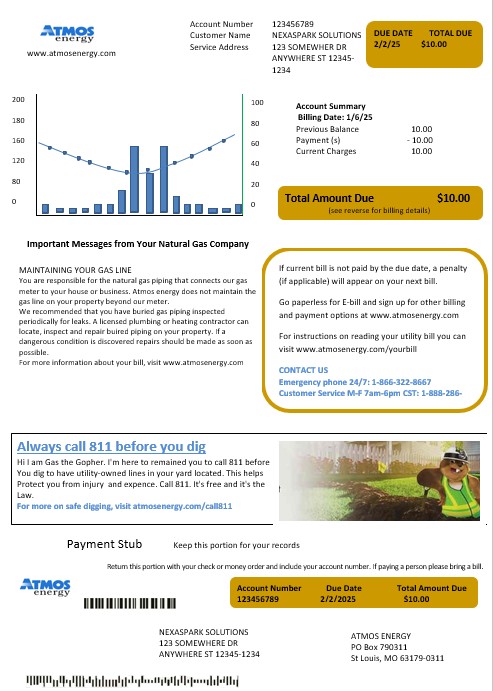 USA Virginia Atmos Energy business utility bill template in Word and PDF formats